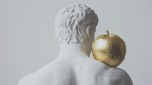 Greek man hides golden apple in white background statue
