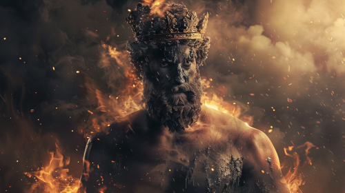Greek philosopher with strong body and crown. surrounded flames.
