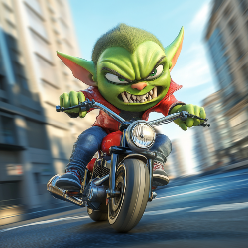 Green Orc Child Riding Motorbike in City, Pixar 3D Render