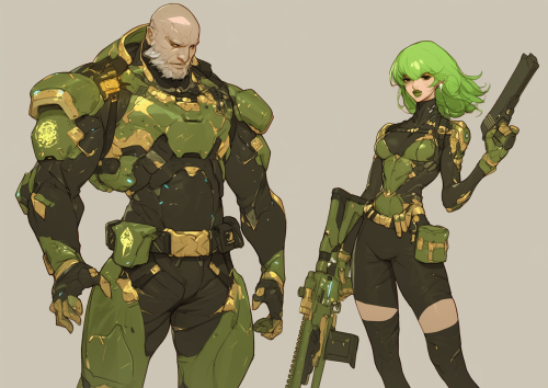 Green and gold supervillain henchmen with future rifles.