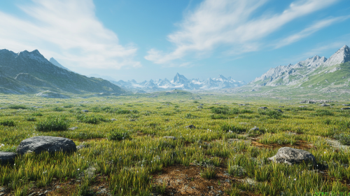 Green grass and brown dirt patches in wilderness.