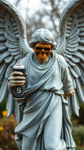 Grey Angel Statue with Gold Skull Spray Can