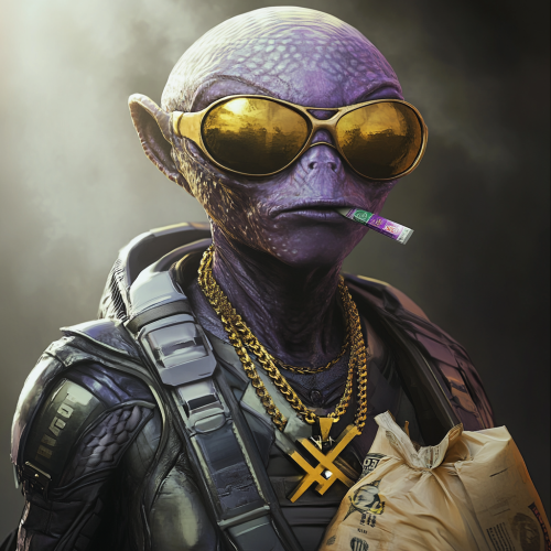 Grey alien in armor with X symbol, holding money.