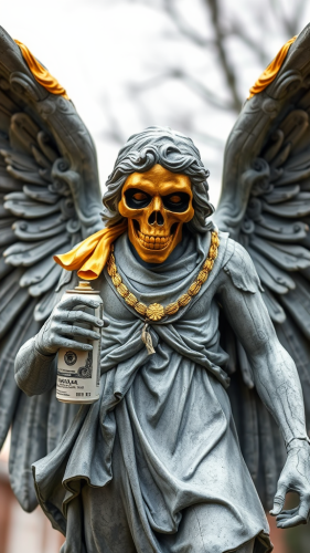 Grey angel statue with gold skull and wings.