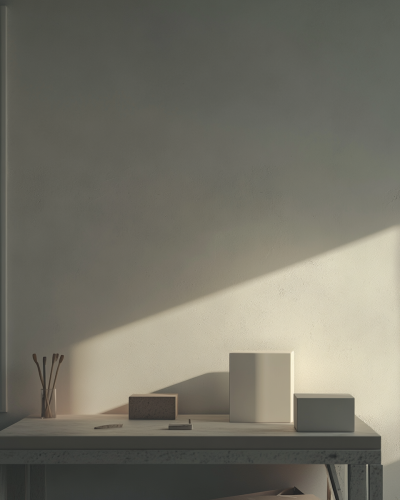 Grey desk and cube with studio light