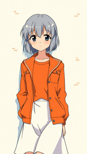 Grey-haired girl leaning against wall in retro style.