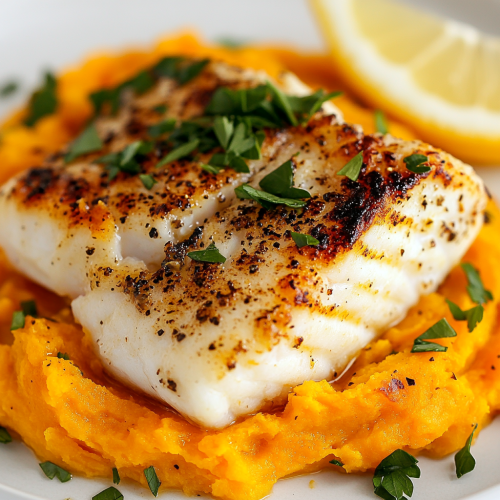 Grilled white fish with sweet potato mash and herbs