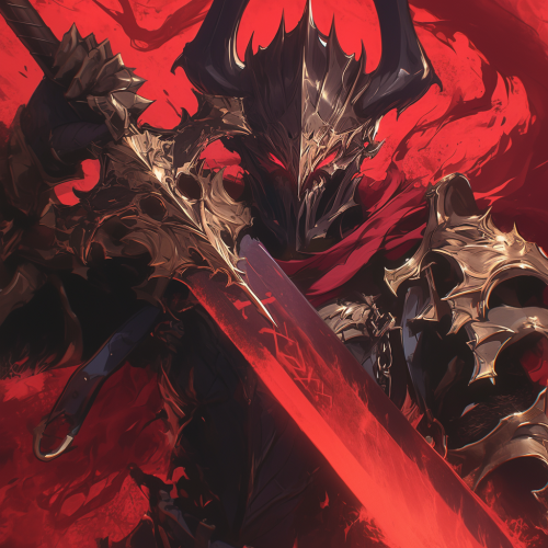 Grimdark crusader in anime with massive blade, digital painting.