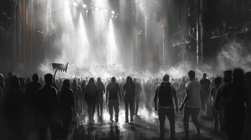 Gritty monochrome image for underground party flyer: shovel, pickaxe, sparks.