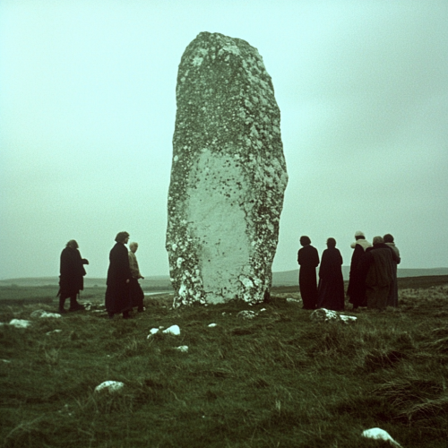 Group hitting menhir with rocks in horror film scene.