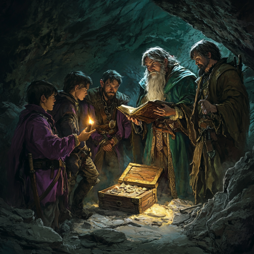 Group of adventurers in cave with discovered tablet.