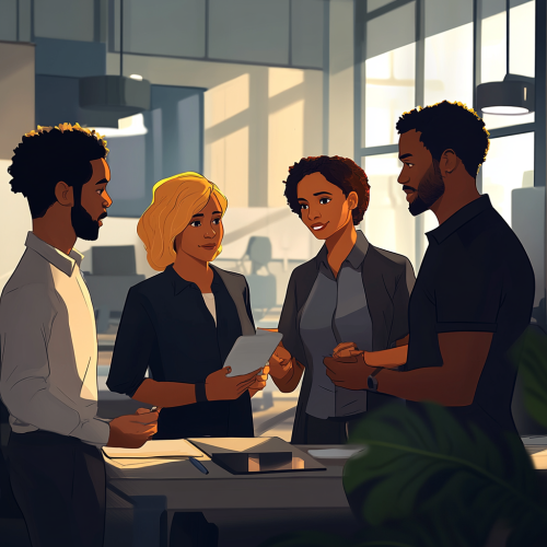 Group of coworkers have a warm conversation in office