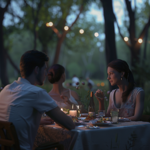Guests dining peacefully in forest at sunset