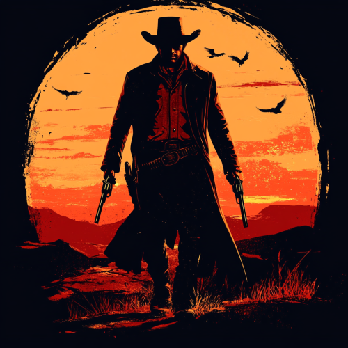 Gunslinger in sunset with revolvers and fiery sky.