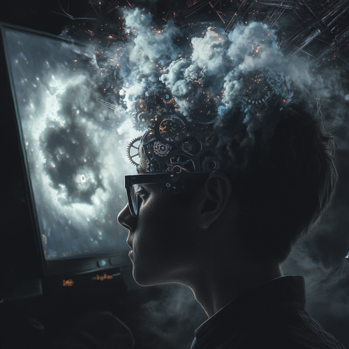 Guy with glasses and gears in head at night