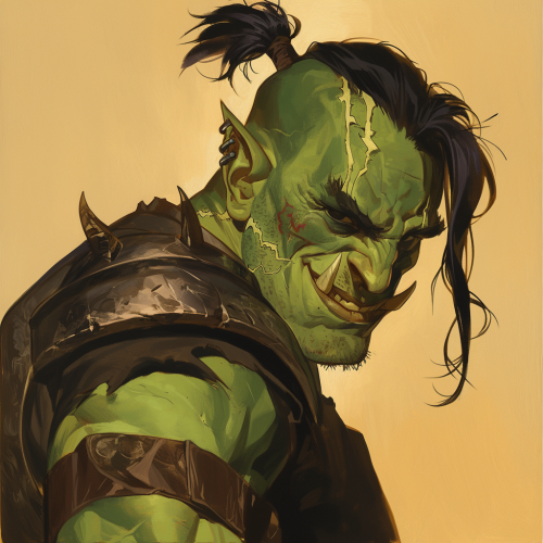 Half orc male with lightning bolt tattoo smiles wearing armor