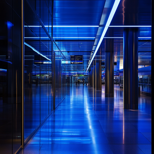 Hamburg Airport with drones, neon lights, and security patrols.