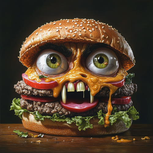 Hamburger with human face featuring expressive eyes.