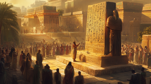 Hammurabi and Citizens in Ancient Babylonian City Center