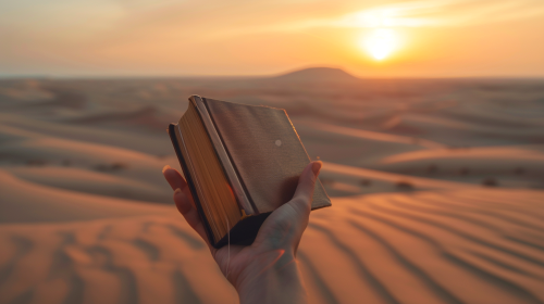 Hand balancing book, desert background, surreal lighting, cinematic tones. Hand balancing book, desert background, surreal lighting, cinematic tones.