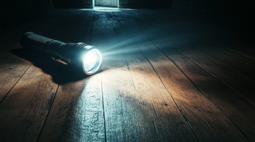 Handheld flashlight resting on wooden floor, illuminating dark passage.