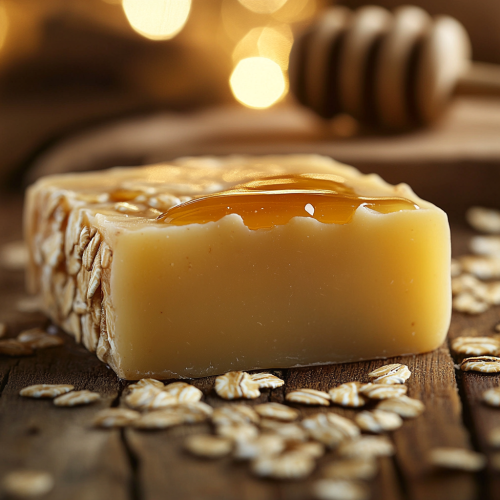 Handmade Honey Oat Soap on Rustic Surface Handmade Honey Oat Soap on Rustic Surface