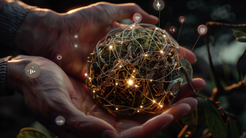 Hands hold mini globe with circuitry and plants