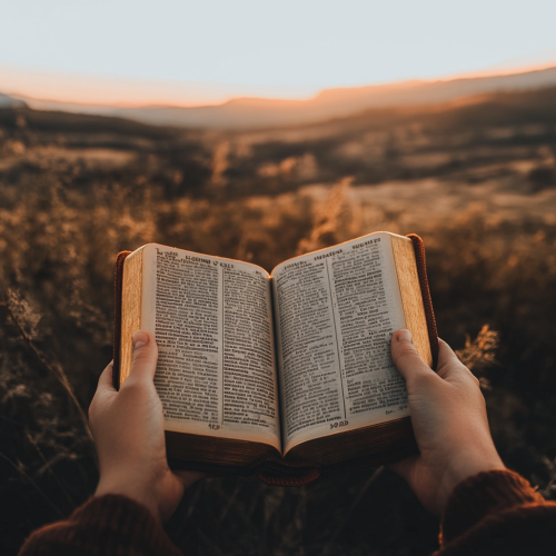 Hands holding Bible in peaceful landscape