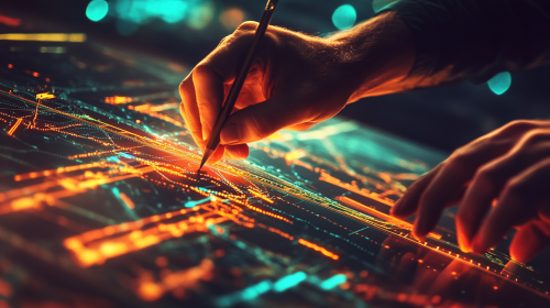 Hands marking flight path on navigation chart.
