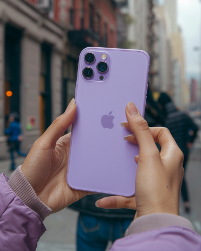 Hands texting on purple iPhone in premium photography