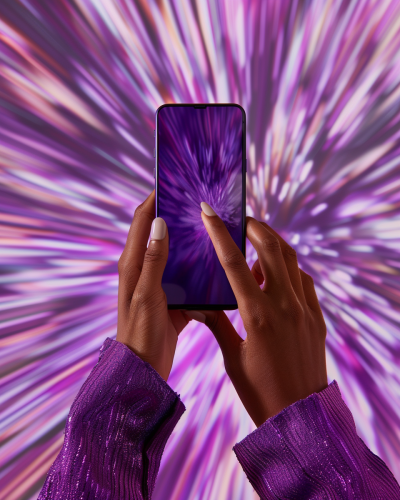 Hands texting on purple iPhone with dramatic effect
