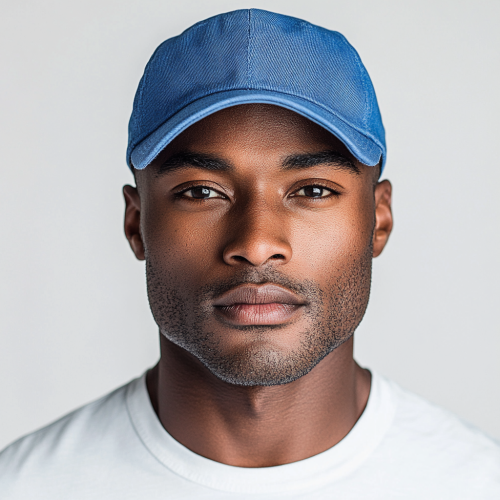 Handsome bald man in blue cap, athlete portrait