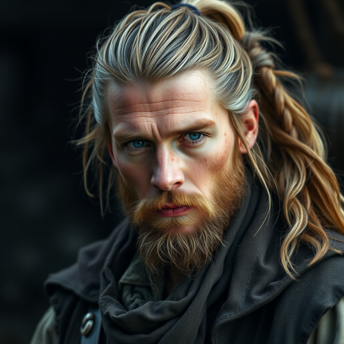 Handsome pirate with ponytail and facial hair.