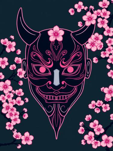 Hannya Mask Outline with Cherry Blossoms