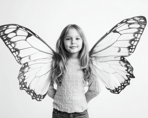 Happy 11-Year-Old Girl in Butterfly Wings Pose
