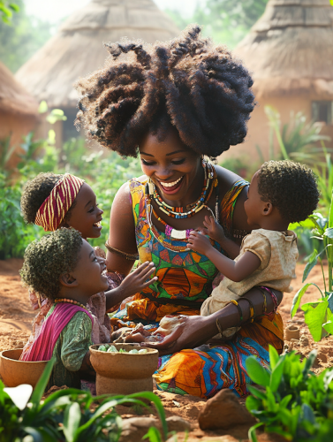 Happy African woman with big hair playing with children. Happy African woman with big hair playing with children.