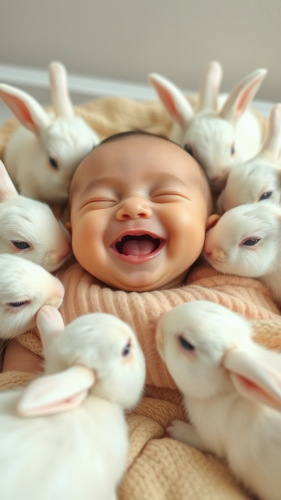 Happy Baby Surrounded by Playful White Rabbits