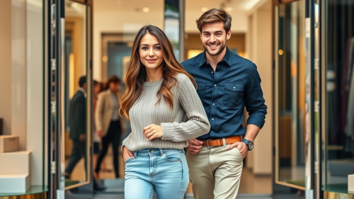 Happy Couple Leaving Boutique in the Mall