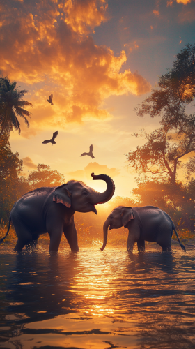 Happy Elephant Family Playing in Wild Lake