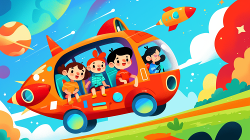Happy Family Space Adventure in Cartoon Car
