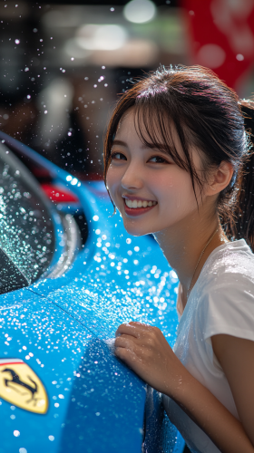 Happy Girl Cleaning Blue Ferrari with Sparkling Water