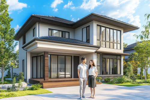 Happy Japanese couple in front of their new house