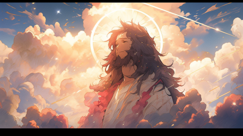 Happy Jesus in Nature with Bright Colors and Sun