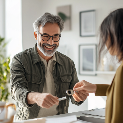 Happy Man Gives Key to Tenant in Office