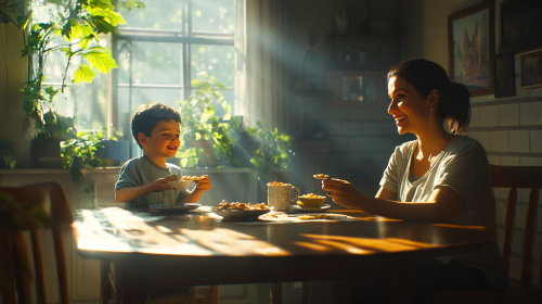Happy Woman and Son Eating Cereal for Breakfast