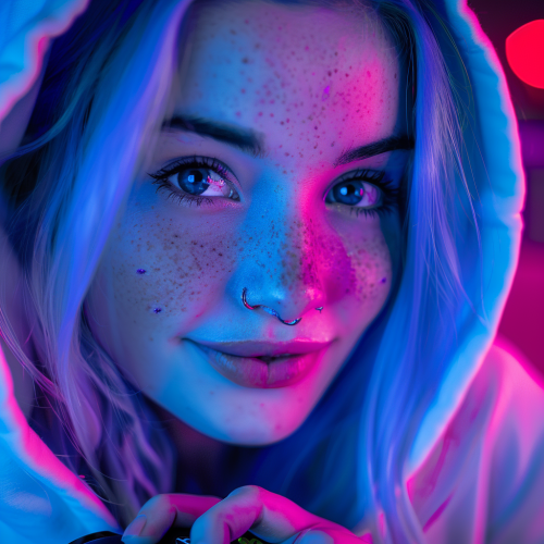 Happy blue-haired woman in hoodie with Xbox controller.