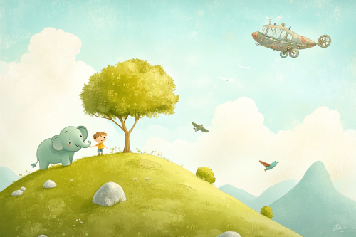 Happy boy and elephant on grassy mountain with vehicles.