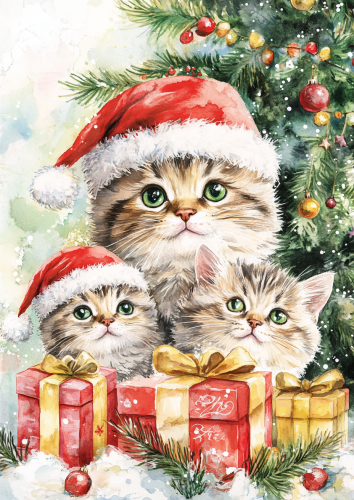 Happy cats with Santa hats near Christmas tree