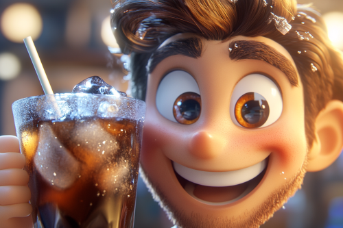 Happy character drinking iced coffee in 3D