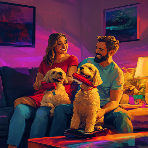 Happy couple grooming two dogs in colorful living room Happy couple grooming two dogs in colorful living room